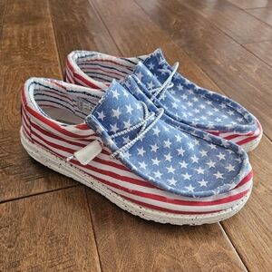 Hey Dude Red, White, and Blue Star Loafers